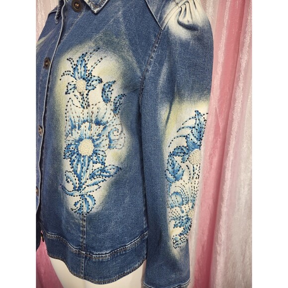 Vintage PJ Shernda Y2K Acid Wash Floral Beaded Pearl Jean Jacket Size Large - Picture 8 of 13